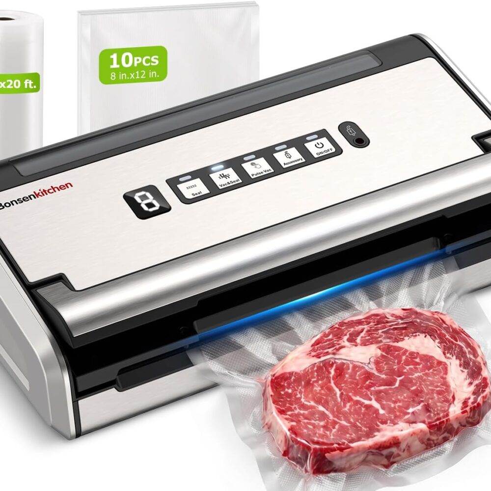 Bonsenkitchen Vacuum Sealer for Food, Stainless Steel, 0.2-inch Wider Seal | One-Hand Operation, Removable Drip Tray, Built-in Cutter & Bag Storage for Sous Vide, 1 Roll Bag & 10 Pre-Cut Bags