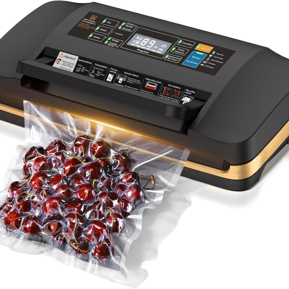 95KPa Powerful Commercial Vacuum Sealer Machine, 2X Strength Double Seal | 10-in-1 Dry/Moist Vacuum Sealer for Food, Built-in Cutter & Bags Storage, Easy-Lock Handle, Includes 1 Roll & 10 Bags, Black