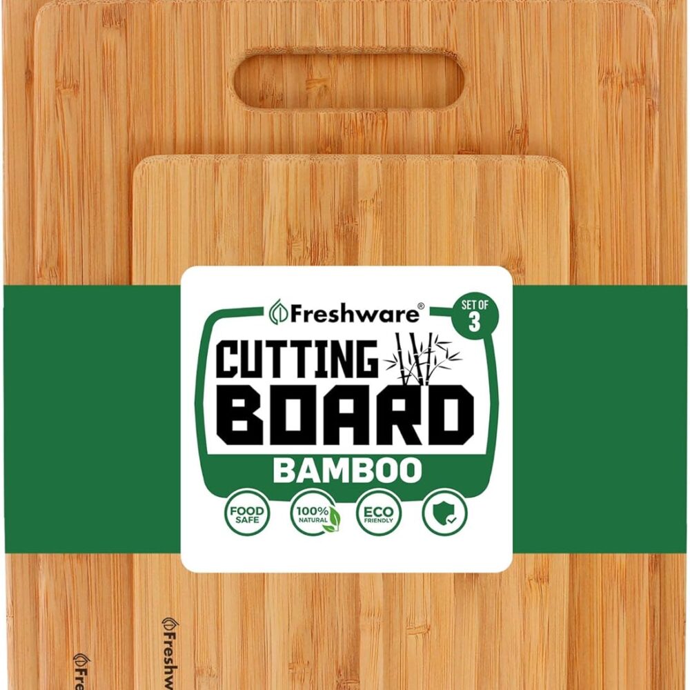 Freshware Bamboo Cutting Board Set of 3, Wooden Cutting Boards for Kitchen, Knife Friendly Food Grade Chopping Board, Lightweight with Hanging Hole for Easy Storage