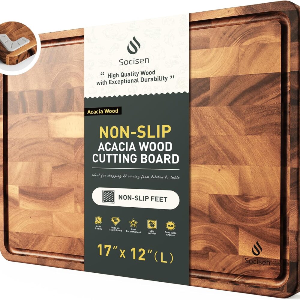 End Grain Cutting Board for Kitchen with Non-slip Feet, Acacia Wood Heavy Duty Checkered Cutting Board Upgraded Chopping Board with Juice Groove & Handle Large Wooden Butcher Block with Gift Box