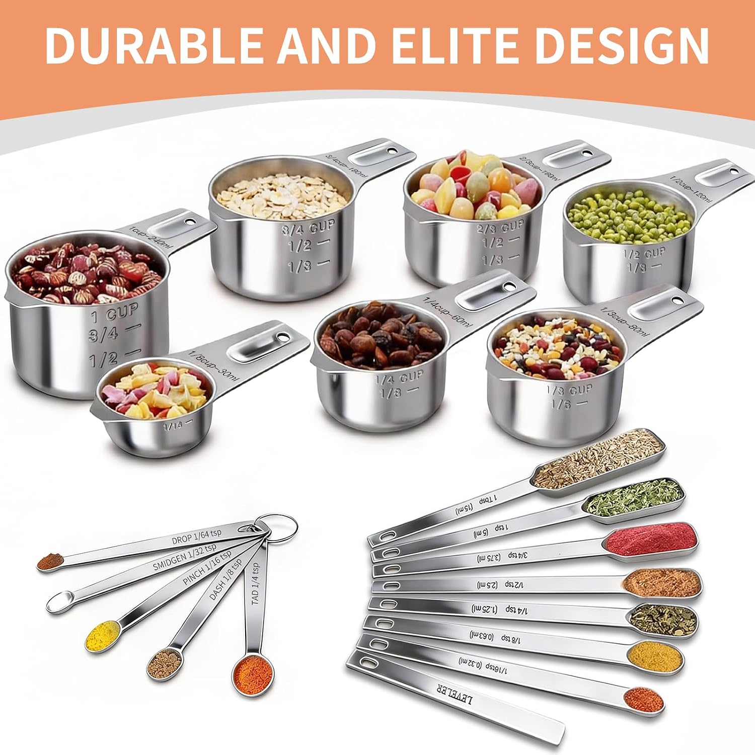 EWFEN Measuring Cups and Spoons Set, 7 Stainless Steel Nesting Measuring Cups & 7 Spoons, 5 Mini Measuring Spoons &1 Leveler, Kitchen Gadgets for Cooking & Baking, Square - Image 4